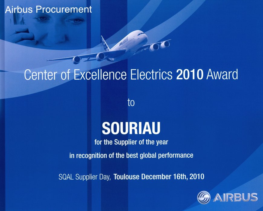 SOURIAU gana por cuarta vez el Premio al Mejor Proveedor de AIRBUS de componentes eléctricos estándar